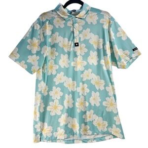 Bad Birdie Mens Golf Polo Shirt Aqua Floral Short Sleeve Button Up Size L